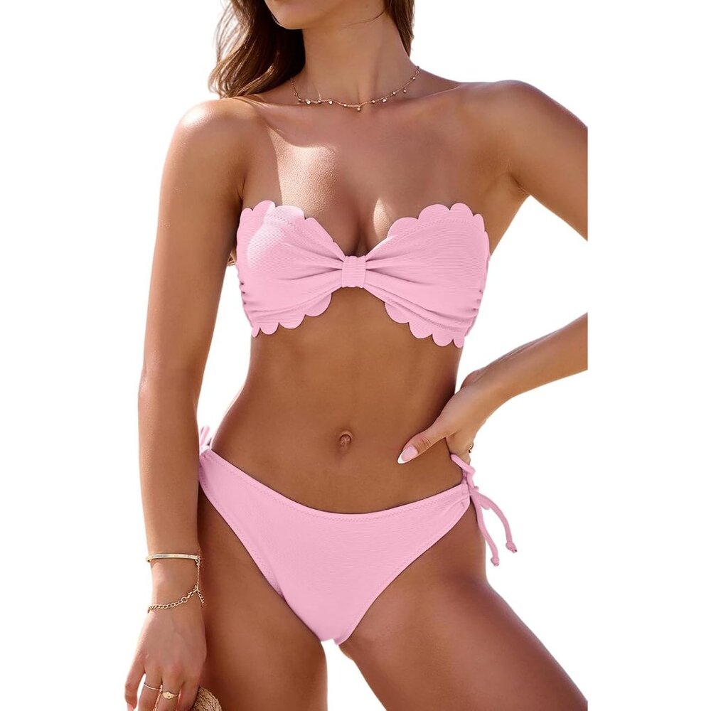✨ Women Pink Wavy Edge Bandeau Bikini Strapless Tie Back Side String Bathing